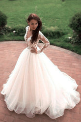 Ivory Tulle Boho Princess A-line V-neck Long Sleeves Wedding Dresses